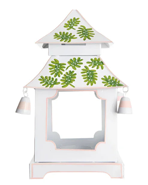 Lanterne pagode blanche et rose avec motif de feuilles de palmier