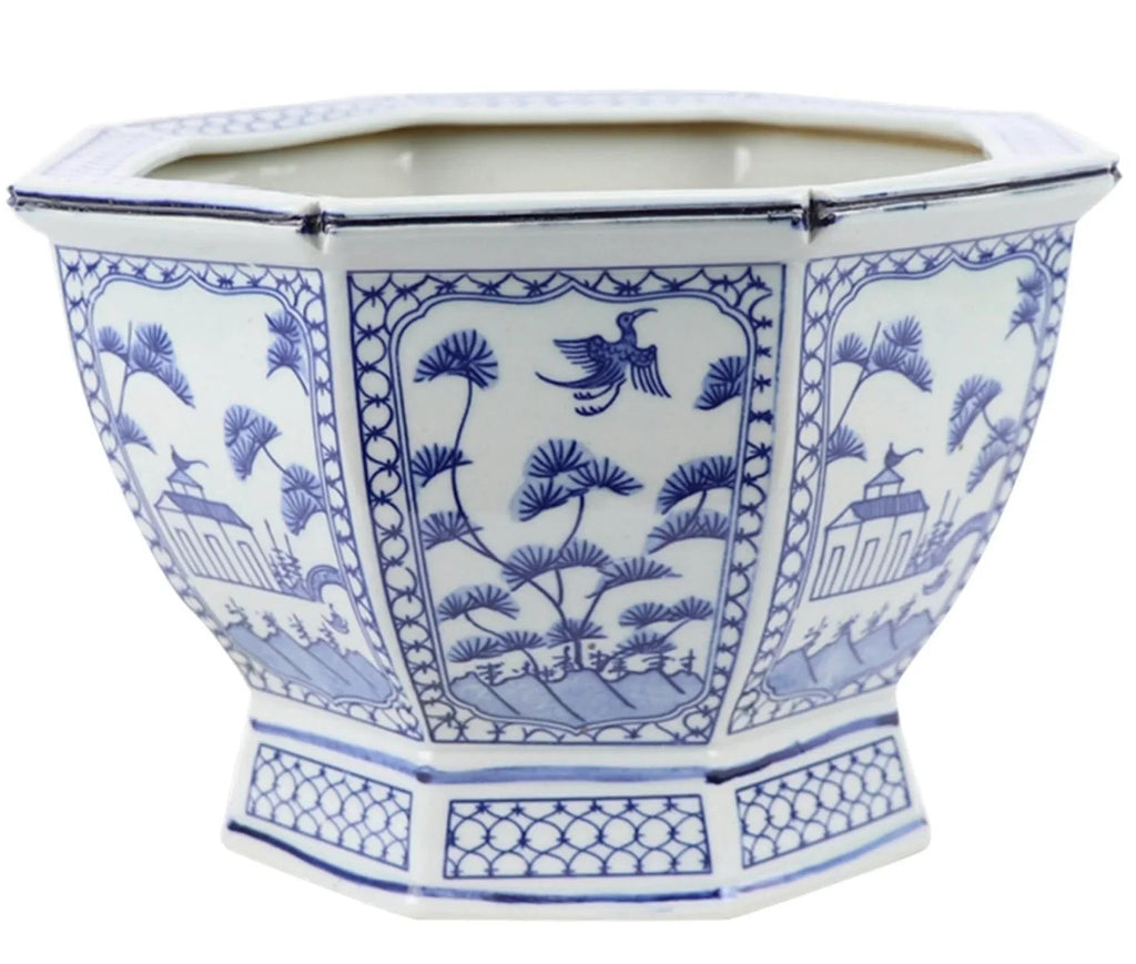Jardinière hexagonale de taille moyenne, bleu clair, avec motifs floraux et villageois