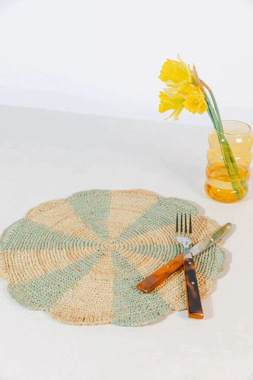 Set de table bleu moulinet, plateau en raphia
