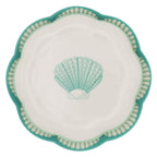 Assiette plate en céramique Balearic Blu blanche avec motif vert et bord peint à la main (lot de 4)