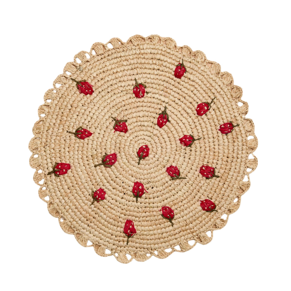 Set de table rond en raphia crocheté à la main avec motif fraise dispersée