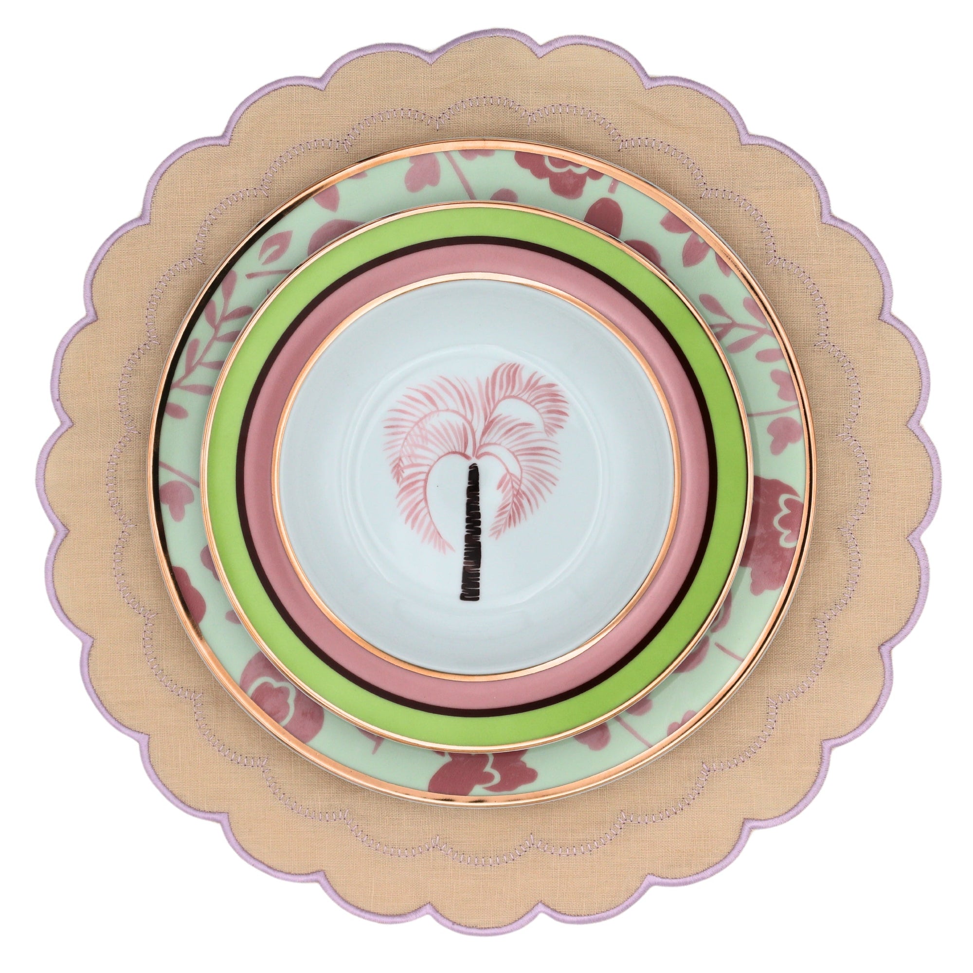 Assiette plate en forme de feuille, couleur pistache et litchi, avec bord doré peint à la main (lot de 4)