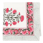 Nappe en coton Rose Garden blanche avec motif imprimé à la main rose et vert