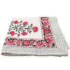 Nappe en coton Rose Garden blanche avec motif imprimé à la main rose et vert