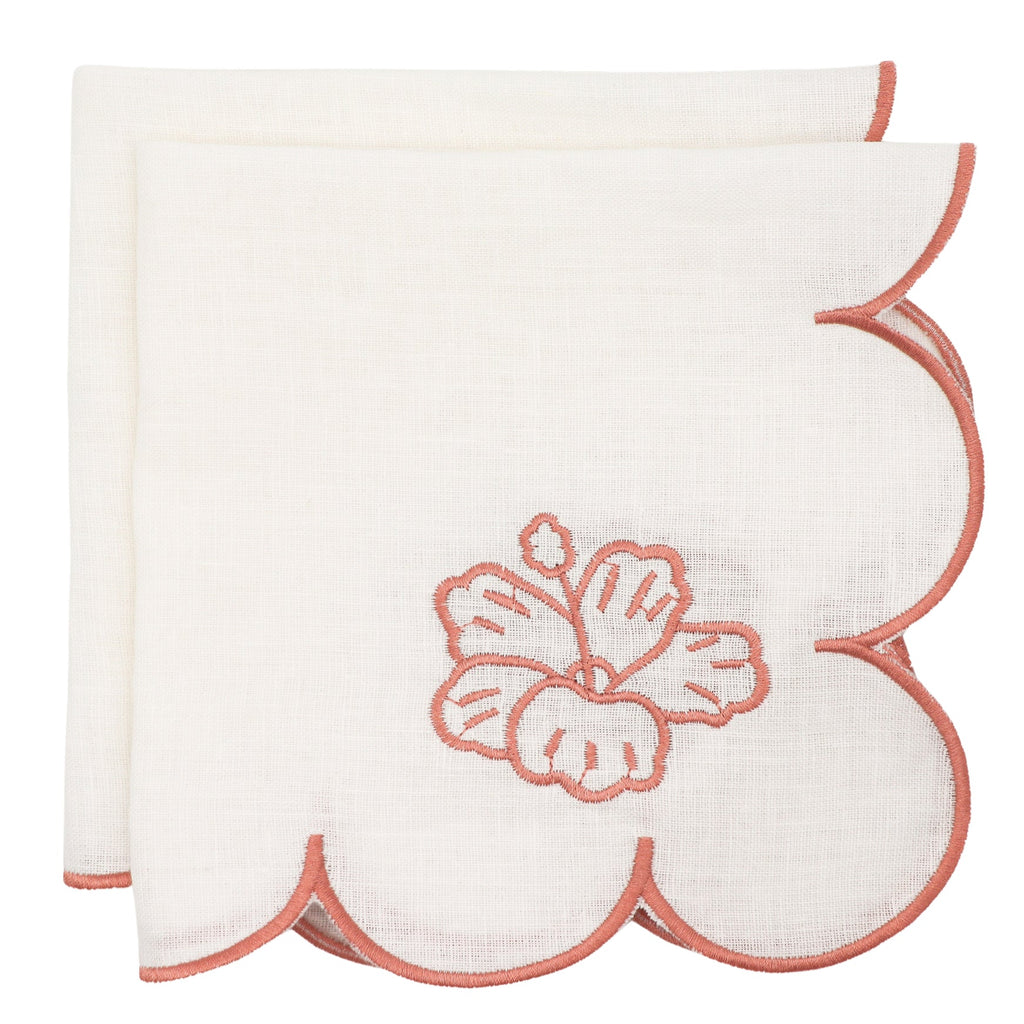 Serviettes en lin rosace ivoire avec broderie et bordure roses (lot de 4)