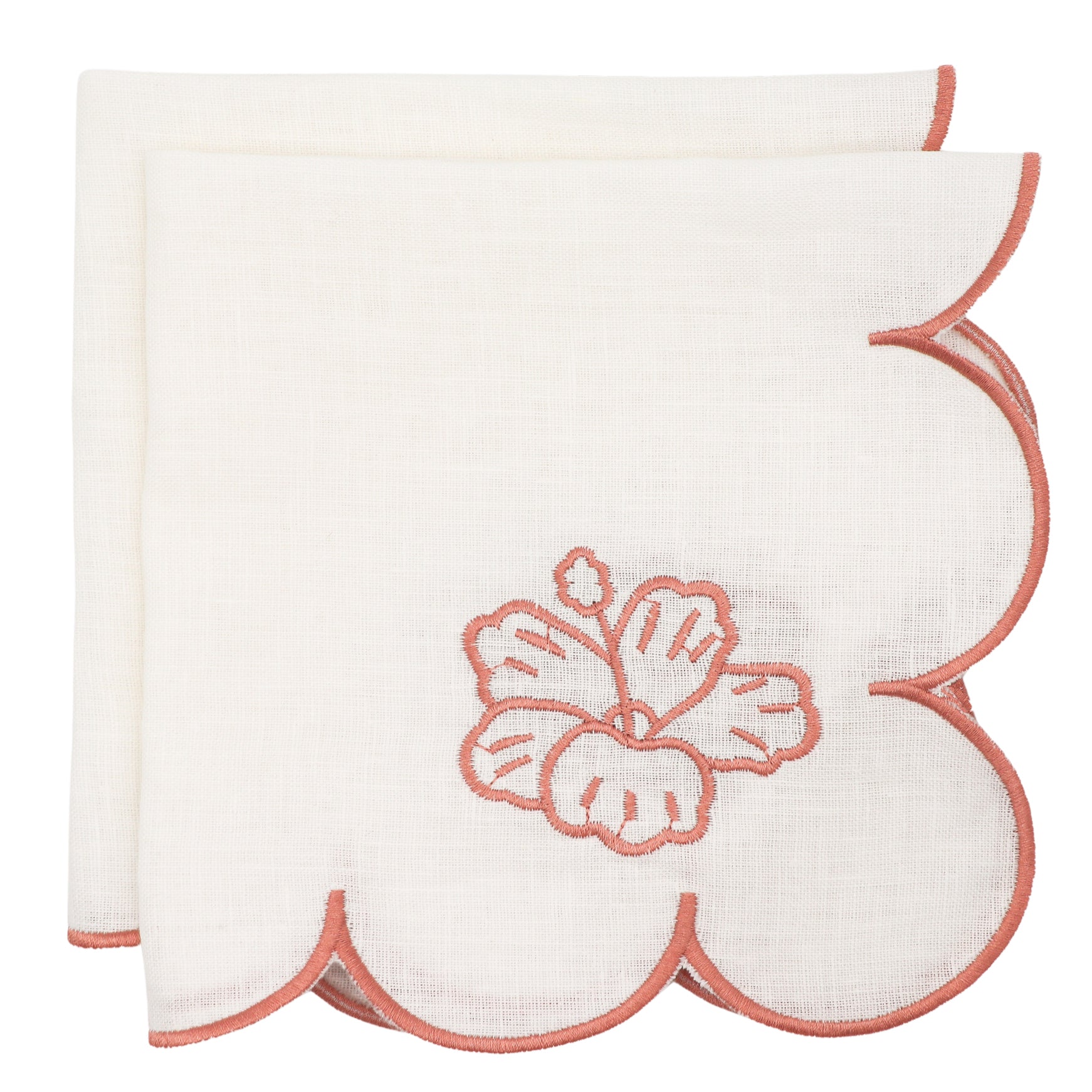 Serviettes en lin rosace ivoire avec broderie et bordure roses (lot de 4)
