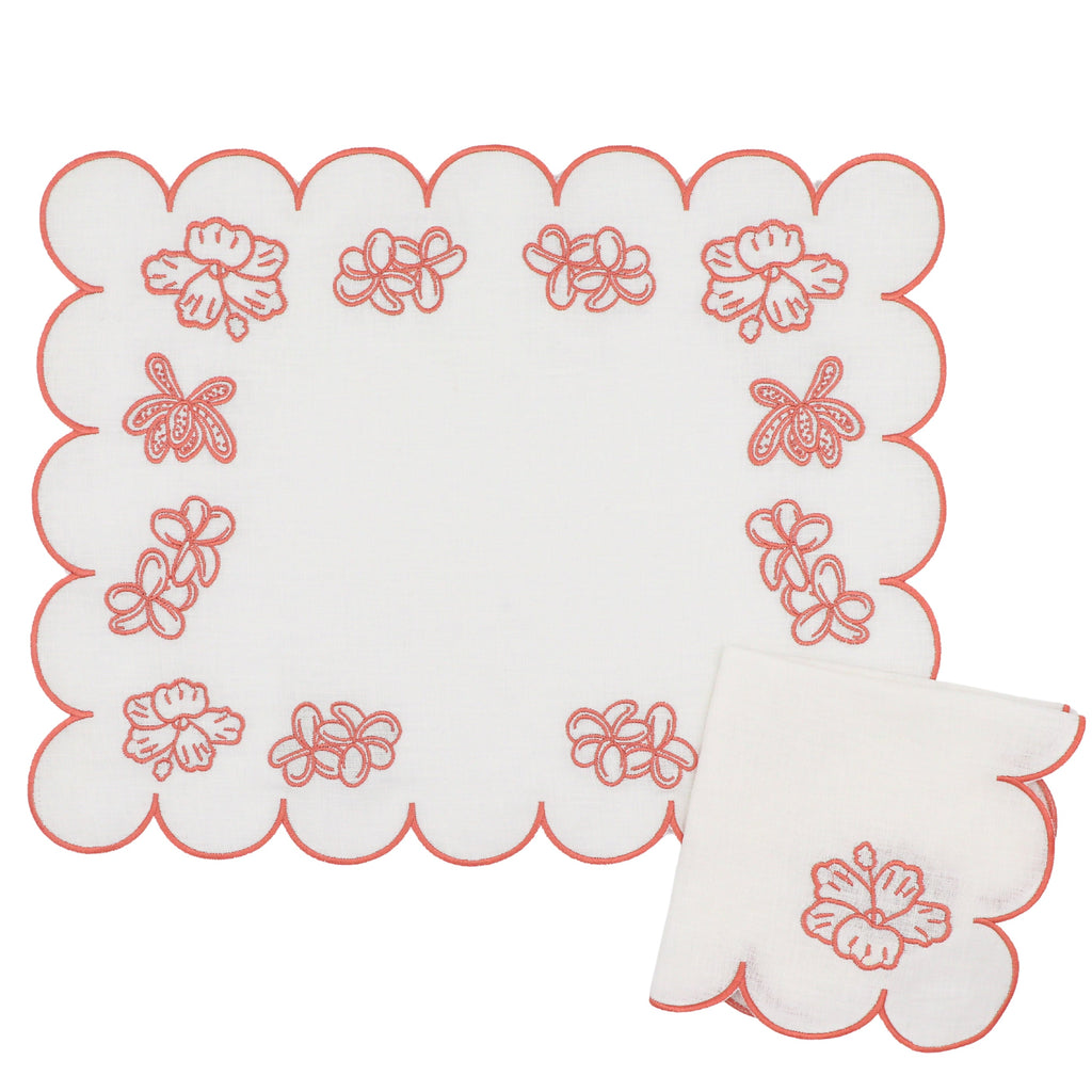 Serviettes en lin rosace ivoire avec broderie et bordure roses (lot de 4)